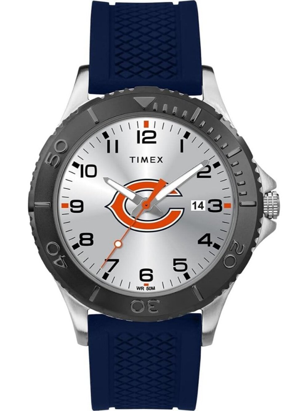 Mens Silver Blue Rubber Band Analog NFL Gamer Chicago Bears Luminant Round Watch